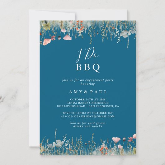 Navy Boho Wildblume I GRILLEN Engagement Party Einladung (Vorderseite)