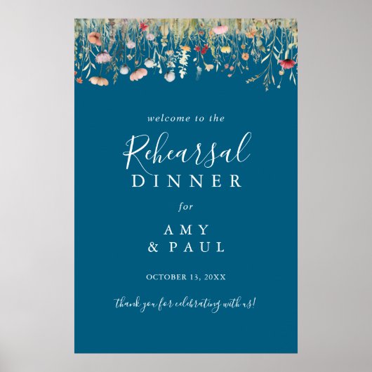 Navy Boho Wildblume Probe Dinner Willkommen Poster (Vorne)