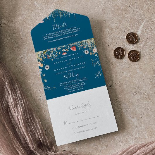 Navy Boho Wildblume Wedding All In One Einladung