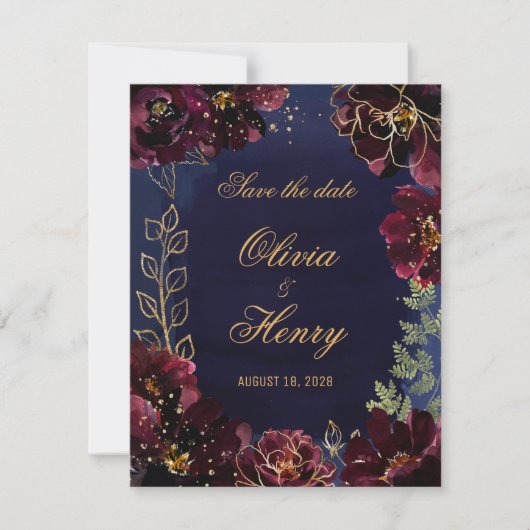 Navy Bordeaux Hochzeit speichern das Datum Einladung (Vorderseite)