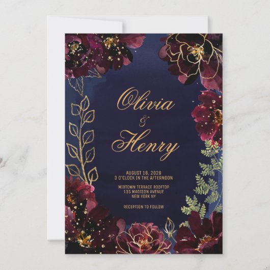 Navy Bordeaux Wedding Einladung (Vorderseite)