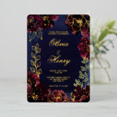 Navy Bordeaux Wedding Gold Folieneinladung (Stehend vorne)