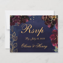 Navy Bordeaux Wedding RSVP Mail Back Card