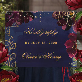 Navy Bordeaux Wedding RSVP Mail Back Card Karte