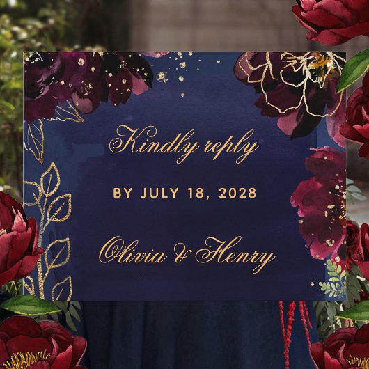 Navy Bordeaux Wedding RSVP Mail Back Card Karte