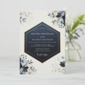 Navy Botanical Bloom Wedding Einladung (Stehend Vorderseite)
