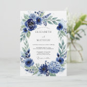 Navy Botanical Bloom Wedding Einladung (Stehend Vorderseite)