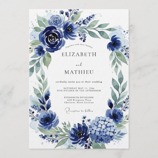 Navy Botanical Bloom Wedding Einladung (Vorderseite)