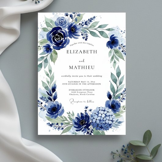 Navy Botanical Bloom Wedding Einladung