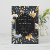 Navy Botanical Blumenehe Einladung (Stehend Vorderseite)