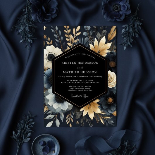 Navy Botanical Blumenehe Einladung