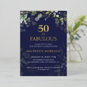 Navy Botanical Fifty and Fabulous Birthday Party Folieneinladung (Stehend vorne)