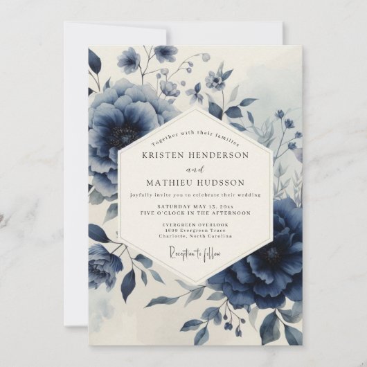 Navy Botanical Moody Wedding Einladung (Vorderseite)