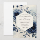 Navy Botanical Moody Wedding Einladung (Vorne/Hinten)