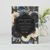 Navy Botanical Opulent Wedding Einladung (Stehend Vorderseite)