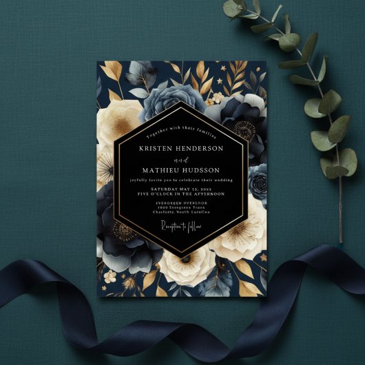 Navy Botanical Opulent Wedding Einladung