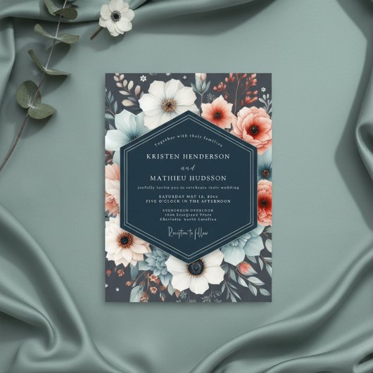 Navy Botanical Romance Wedding Einladung