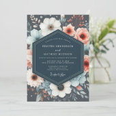 Navy Botanical Romance Wedding Einladung (Stehend Vorderseite)