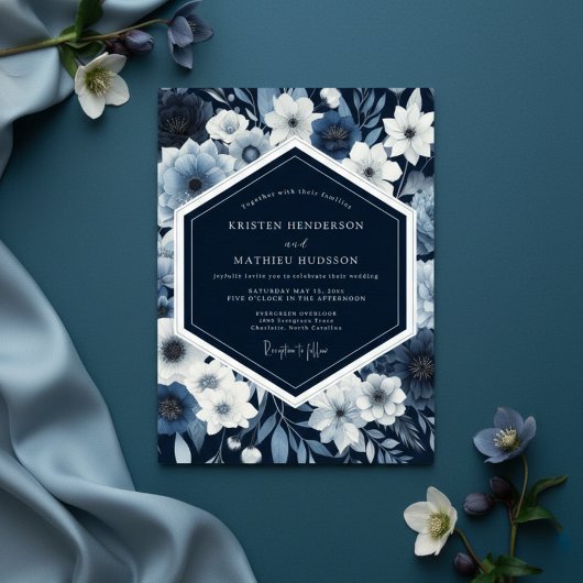 Navy Botanical Whimsy Wedding Einladung