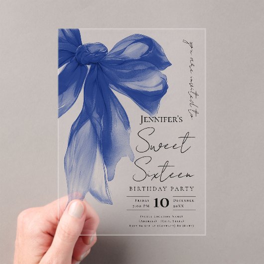 Navy Bow Coquette Script Sweet 16 Party Acryleinladungen (Insitu (Handheld))