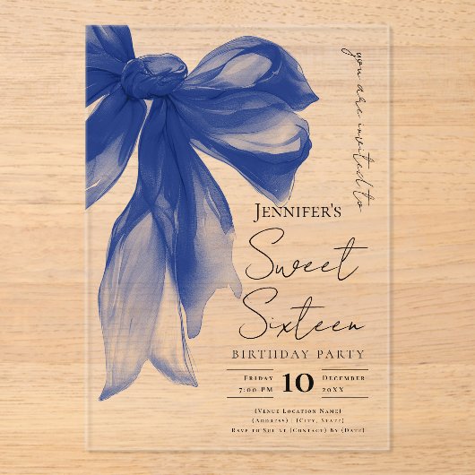 Navy Bow Coquette Script Sweet 16 Party Acryleinladungen (Vorderseite)
