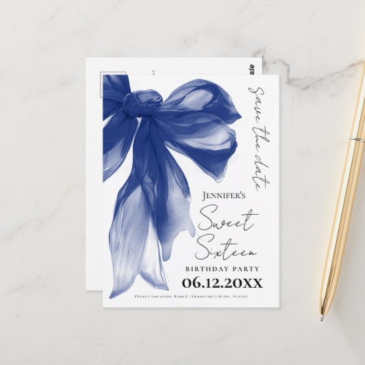 Navy Bow Coquette Sweet 16 Save the Date  Postkarte (Vorderseite/Rückseite Beispiel)
