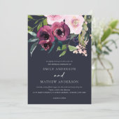 NAVY BRIGHT BLUSH BURGUNDY FLORAL BUNCH WEDING EINLADUNG (Stehend Vorderseite)