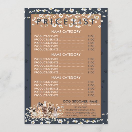 Navy Brown Daisy Blume Dog Groomer Preisliste Menükarte (Vorderseite)