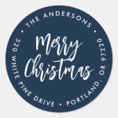 Navy Brush Script Holiday Rücksendeadresse Runder Aufkleber (Vorderseite)