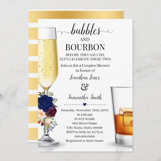 Navy Bubbles & Bourbon bevor ich Paare Dusche Einladung (Vorne/Hinten)
