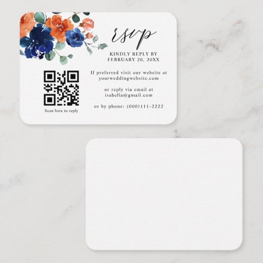 Navy Bue Burnt Orange QR Code Wedding RSVP Begleitkarte (Vorne/Hinten)