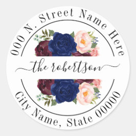 Navy Burgudy floral boho chic Rücksendeadresse Runder Aufkleber
