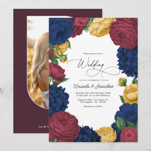 Navy, Burgund & Gold Blumenhochzeit Einladung