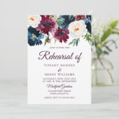 Navy & Burgund Rote Blume Probe Abendessen Einladung (Stehend Vorderseite)