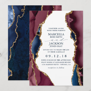 Navy-, Burgund- und Gold-Achat Hochzeitseinladung Einladung