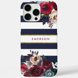 Navy Burgund und Gold Boho Blumenstreifen Monogram iPhone 16 Pro Max Hülle