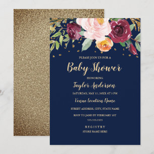 Navy Burgunder Blumen Glitter Babyparty Einladung