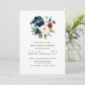 Navy Burgunder Blumen Hochzeitsprobedinner Einladung (Stehend Vorderseite)