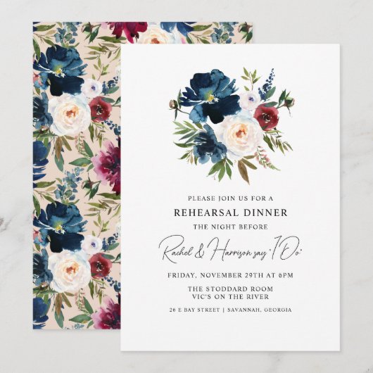 Navy Burgunder Blumen Hochzeitsprobedinner Einladung (Vorne/Hinten)