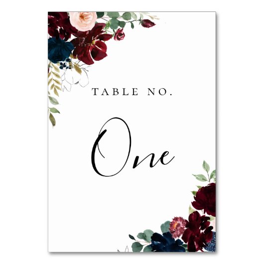 Navy Burgundy Blush Fall Floral Tischnummer (Vorderseite)