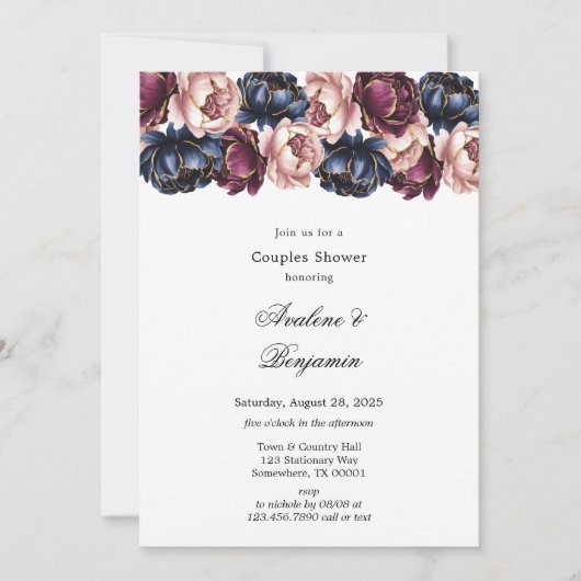 Navy Burgundy Blush Pink Peony Couples Dusche Einladung (Vorderseite)