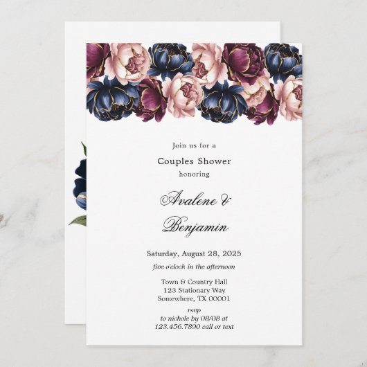 Navy Burgundy Blush Pink Peony Couples Dusche Einladung (Vorne/Hinten)