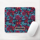 Navy Burgundy Christmas Floral Watercolor Monogram Mousepad (Mit Mouse)