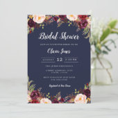 Navy Burgundy Floral Brautparty Card Einladung (Stehend Vorderseite)