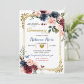 Navy Burgundy Floral Butterfly Quinceañera Einladung (Stehend Vorderseite)