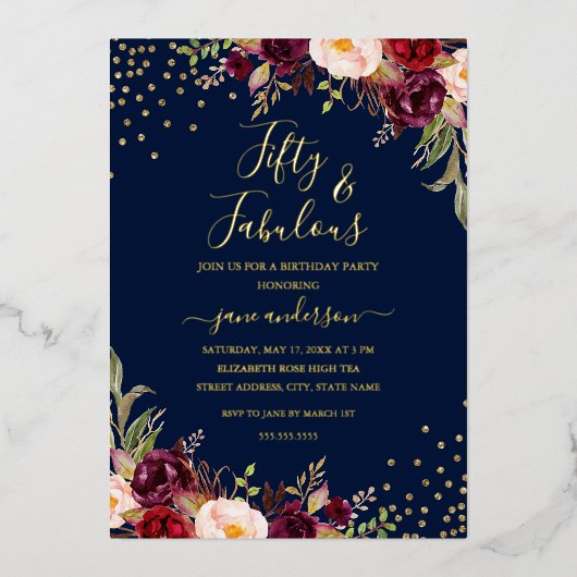 Navy Burgundy Floral Confetti 50 & Fabulous Folieneinladung (Vorderseite)