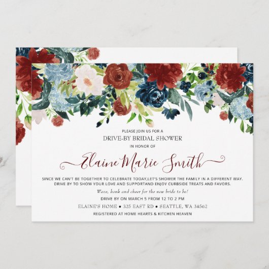 Navy Burgundy Floral Drive Thru Brautparty Einladung (Vorne/Hinten)