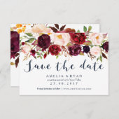 Navy Burgundy Floral Save the Date Card Einladung (Vorne/Hinten)