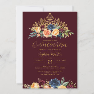 Navy Burgundy Floral Tiara Quinceanera Einladung