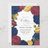 Navy, Burgundy & Gold Floral Wedding Einladung (Vorderseite)